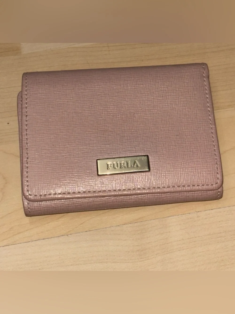 Furla Tri-Fold Genuine Leather Wallet Blush Pink Gold Logo Feminine Minimalist